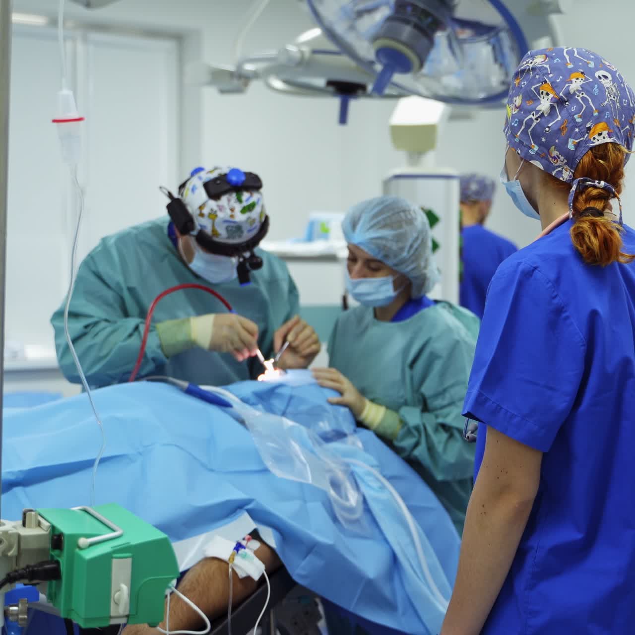 Female anesthesiologist watches the operational procedure. Surgeon performs otolaryngology surgery assisted by female nurse