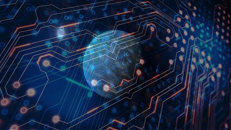 Glow-triggered blue sphere emerging, pulsing circuits and blinking nodes visualizing steady network