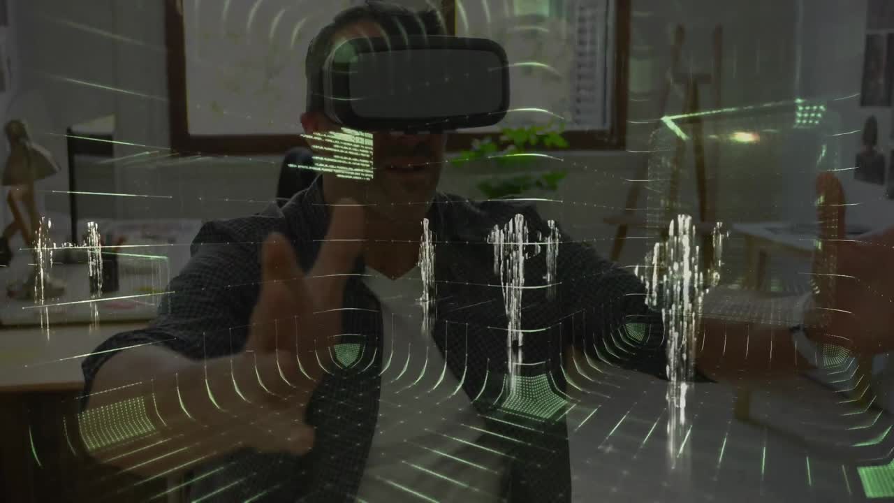 Animation of data processing over businessman wearing vr headset