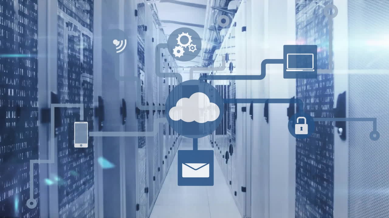 animación del icono de la nube con red de conexiones y procesamiento de datos a través de servidores informáticos