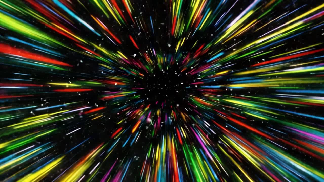 Un'esplosione vibrante di raggi di luce colorati che accelerano attraverso uno sfondo cosmico, creando un'esperienza visiva mozzafiato di movimento e profondità.