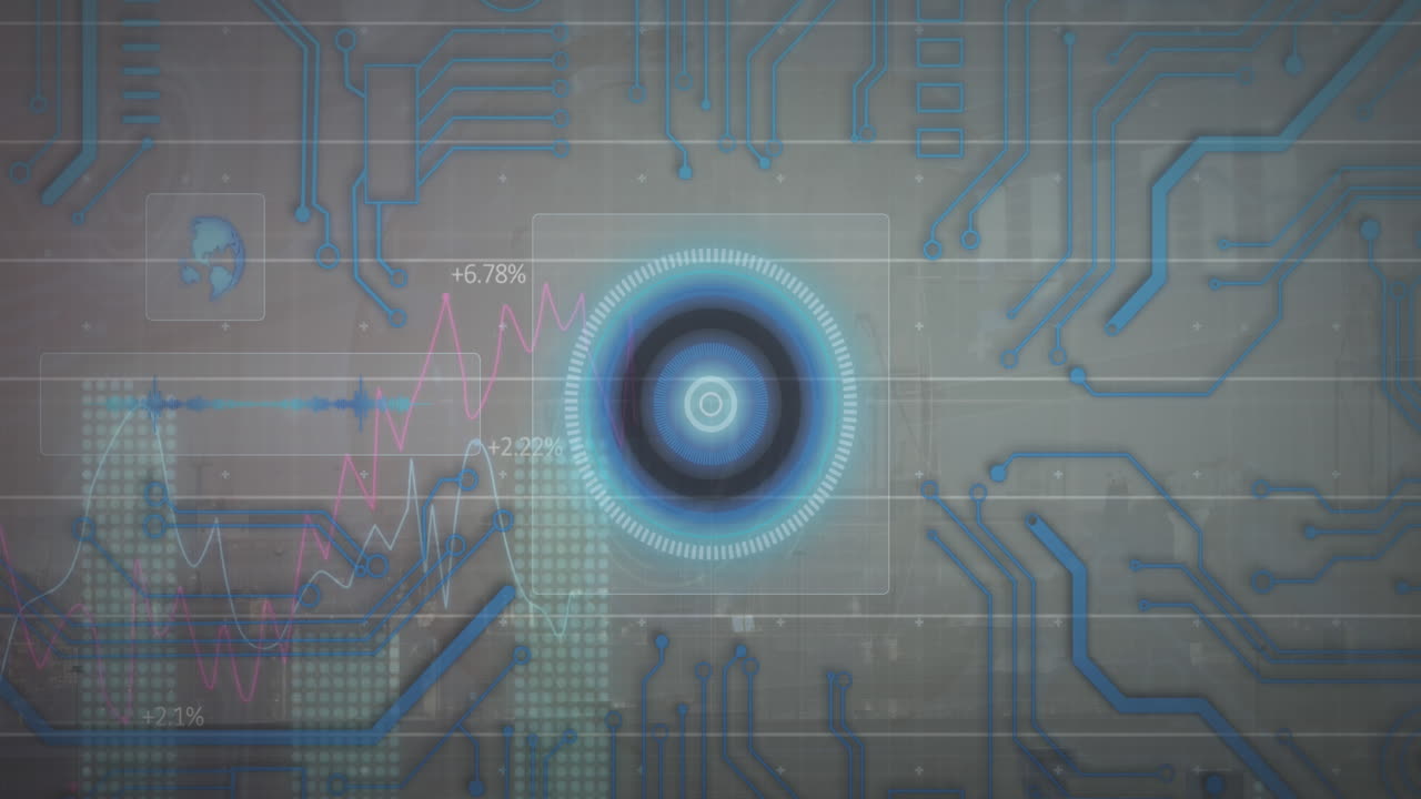animación de conexiones de escáner redondo y microprocesador contra una vista aérea del paisaje urbano.