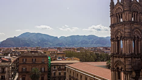 mountain-landscape-timelapse-from-Palermo-Cathedral,-Cattedrale-di-Palermo