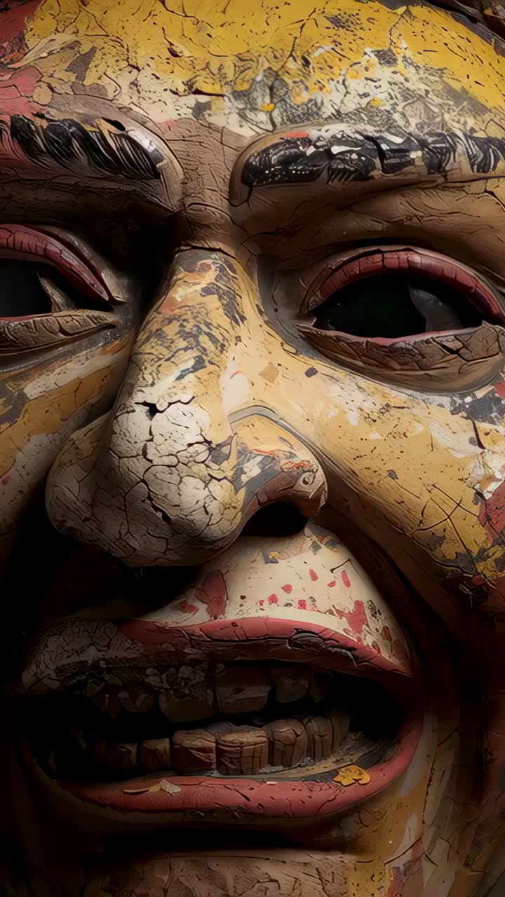 Vertical video: Panning camera revealing carved mask at dark set, showing cracked paint and teeth