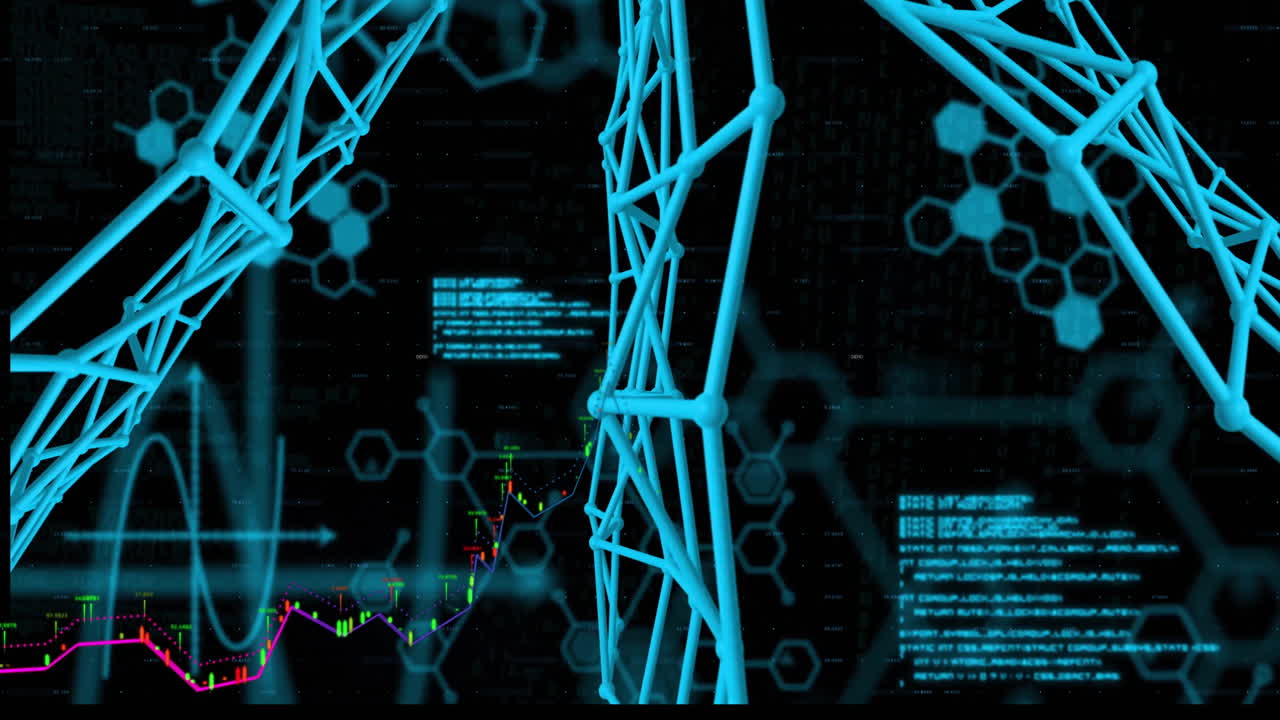 Animation of DNA strands and data charts in futuristic digital interface in blue