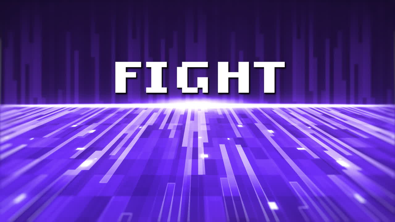 픽셀화 된 단어 싸움으로 작성 된 빈티지 비디오 게임 화면의 애니메이션