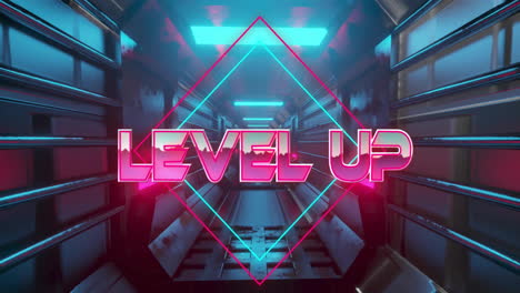 Animation-of-level-up-text-over-neon-pattern-background