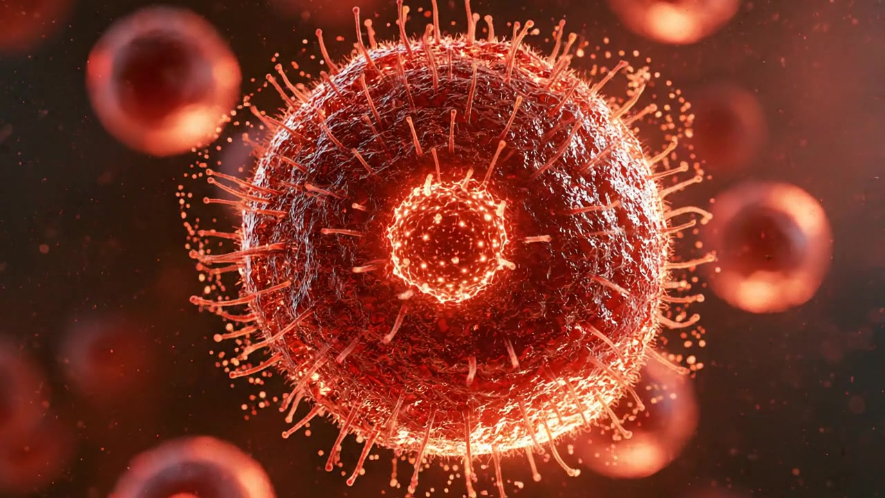 Vista microscopica di una cellula virale rossa che si replica