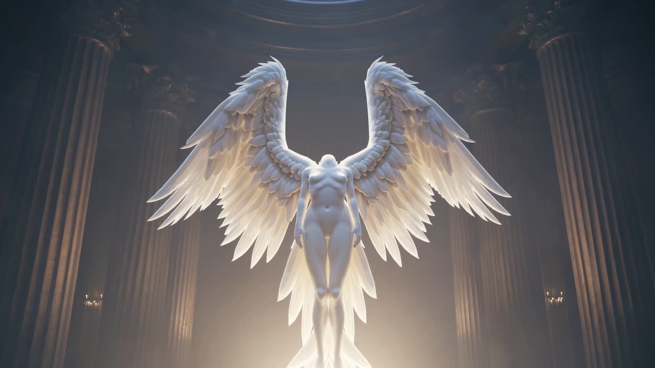 White marble angel statue with large, feathered wings spread out, standing in the center of a classical temple with columns and soft, ethereal lighting, creating a sense of awe and reverence