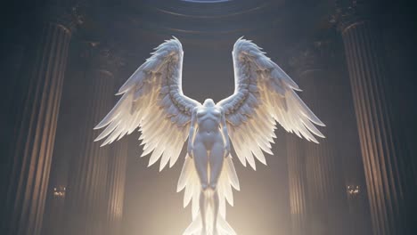 white marble angel statue with large, feathered wings spread out, standing in the center of a classical temple with columns and soft, ethereal lighting, creating a sense of awe and reverence