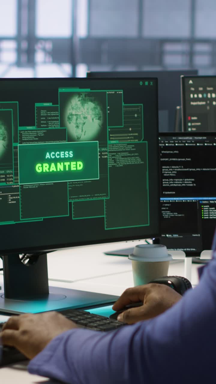 Vertical video Surprised data center technician celebrating after upgrading systems