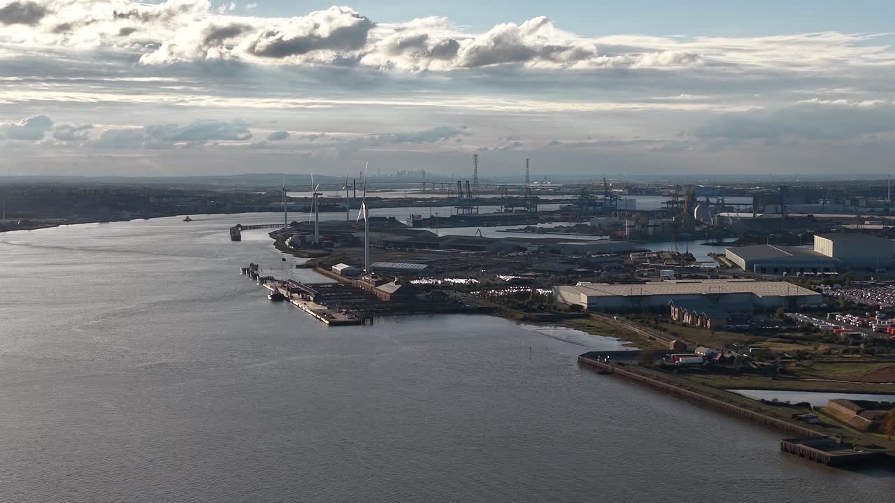 Port of Tilbury panoramic aerial view overlooking the River Thames shipping terminal docks in Essex