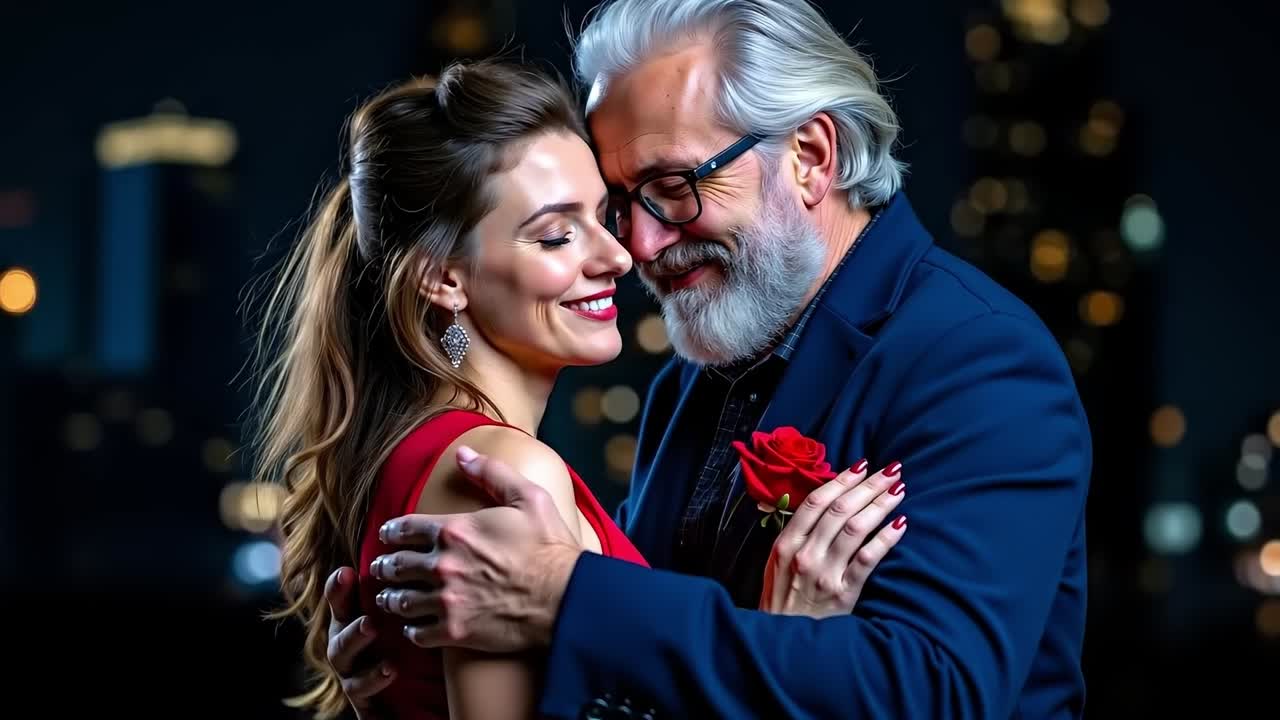 A man and a woman in a red dress hugging each other