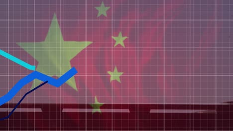 animation of flag of china and financial data processing over road traffic