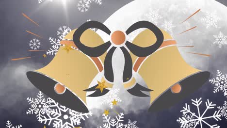 Animation-Von-Schneeflocken,-Die-über-Das-Weihnachtsglockensymbol-Vor-Mond-Und-Nachthimmel-Fallen