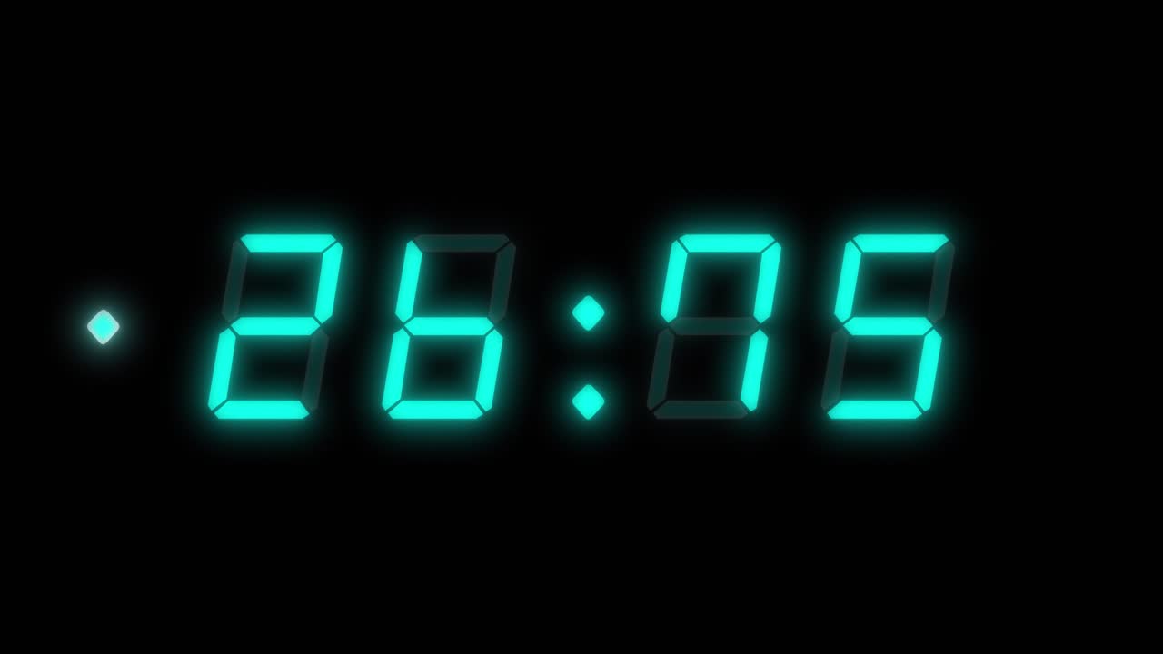 4-digits 30 seconds digital clock countdown timer. Glowing Cyan digits on black background with flashing cyan light. Retro digital alarm clock.