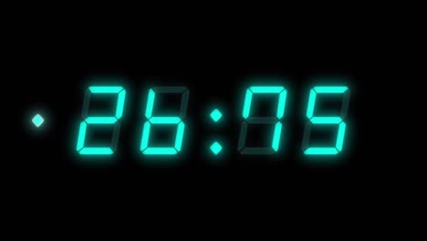 4-digits 30 seconds digital clock countdown timer. glowing cyan digits on black background with flashing cyan light. retro digital alarm clock.