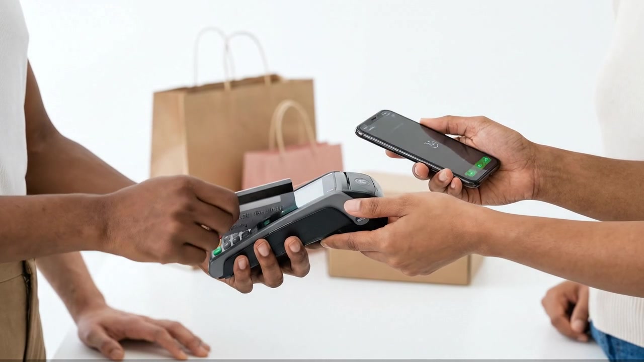 Client effectuant un paiement sans contact avec un smartphone dans un magasin de détail