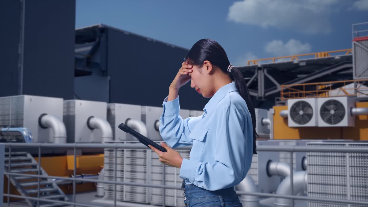 Side View Of Asian Female With Her Tablet, Worker Inspecting Rooftop HVAC Units in Industrial Building, Checking With Dissapionted And Nodding Her Shead