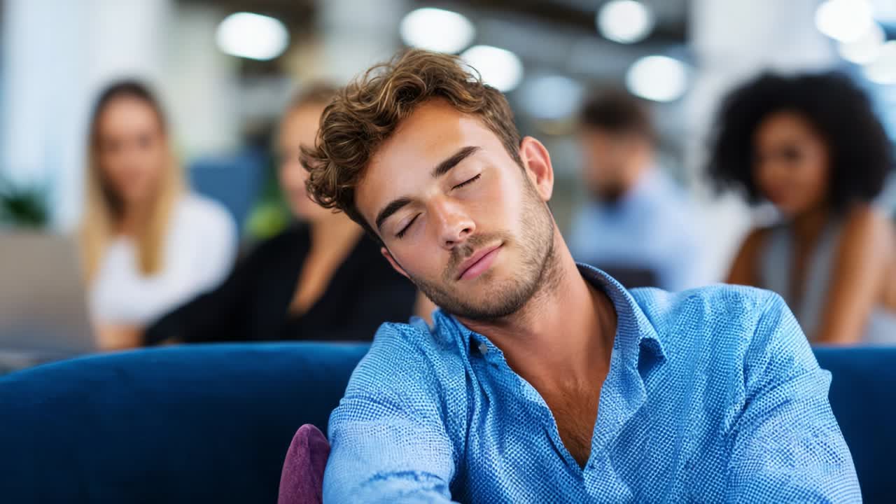 A young man with curly hair appears in a tranquil state, eyes closed peacefully as he leans against a cushioned surface in a modern workspace, surrounded by blurred figures in the background