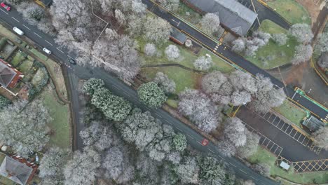 top view of a uk road in winter with frost covered trees and cold look