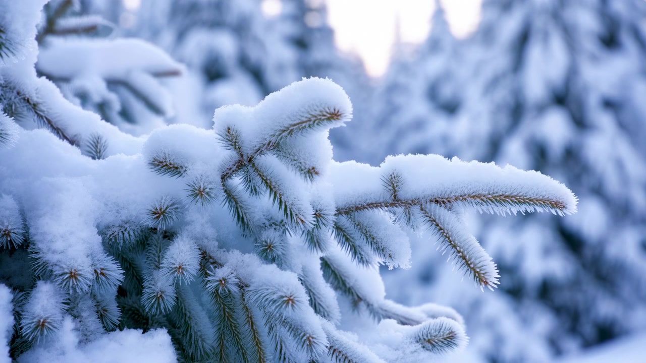 Close-up view of evergreen branches heavily coated with fresh powdery snow, frosty needles partially visible beneath fluffy layers, cool diffuse light, soft background blur, tranquil winter mood