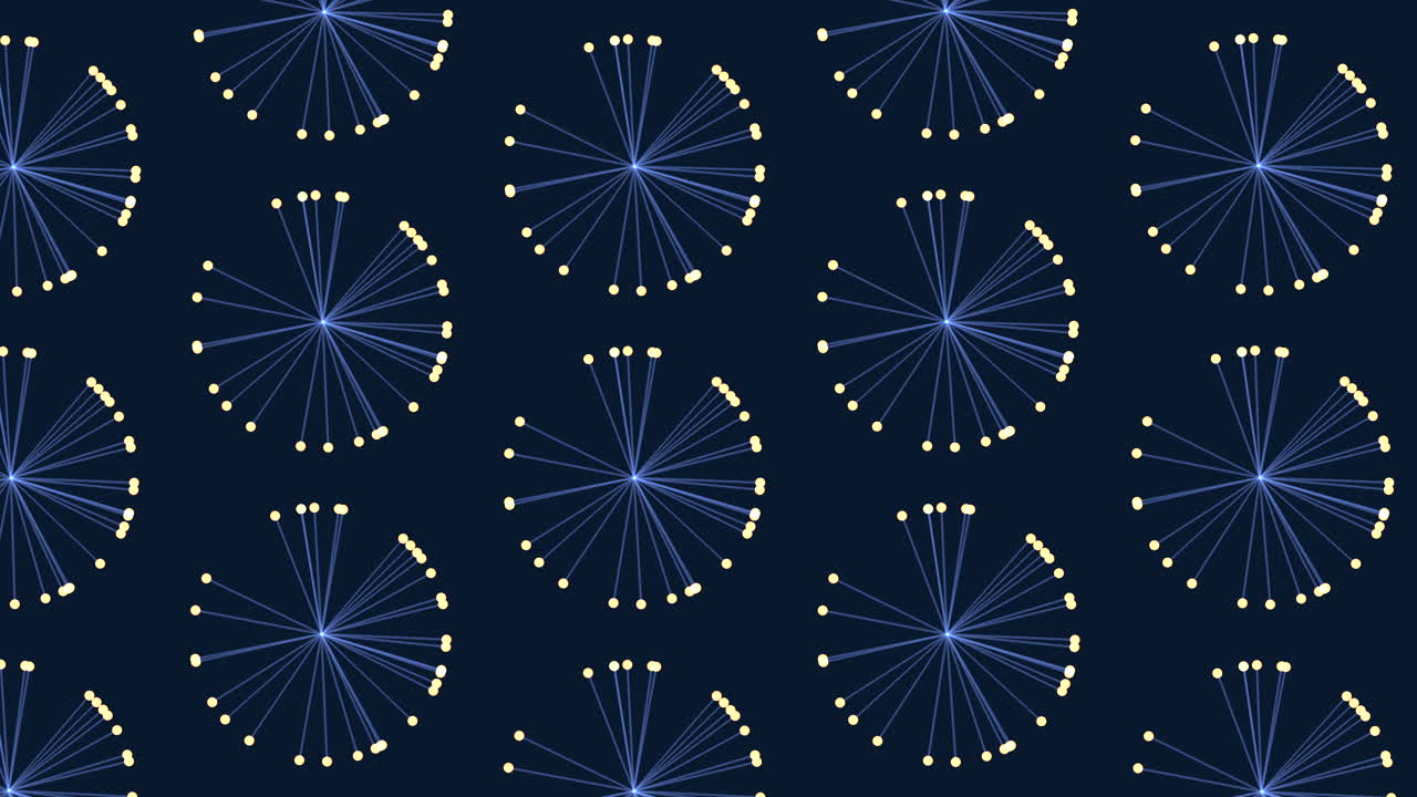 Circular dandelion pattern on dark blue background with white circles and yellow outline