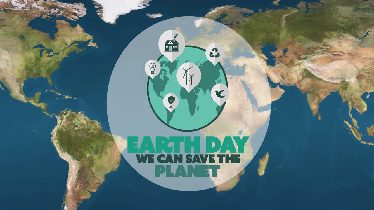 Animazione del testo "Giornata della Terra" e del logo del globo verde su una mappa del mondo