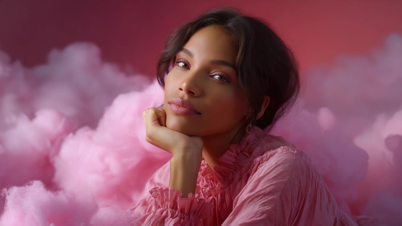 Ritratto accattivante di una modella tra nuvole rosa pastello, che enfatizza la morbidezza e l'onirismo in un ambiente lussureggiante ed etereo con illuminazione e espressione delicate.