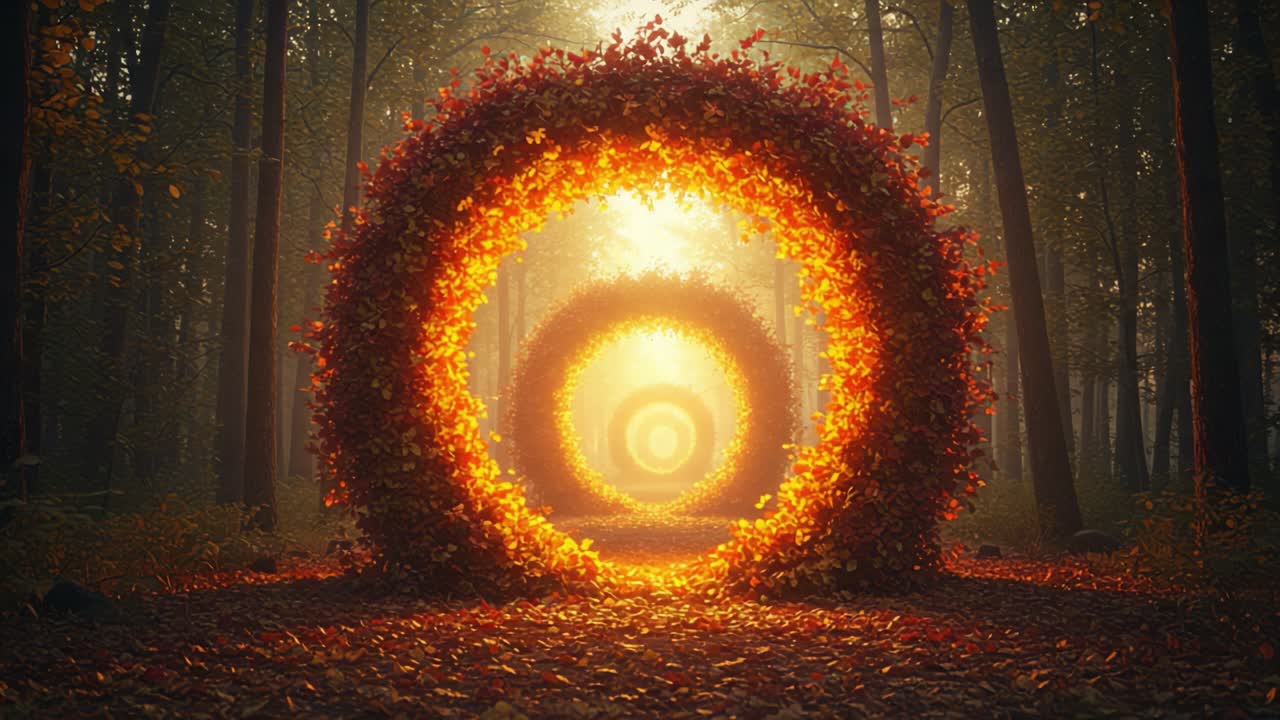 Enchanting Circular Pathways Lined with Vibrant Autumn Foliage in a Serene Forest Setting, Illuminated by a Soft Golden Glow of the Sun