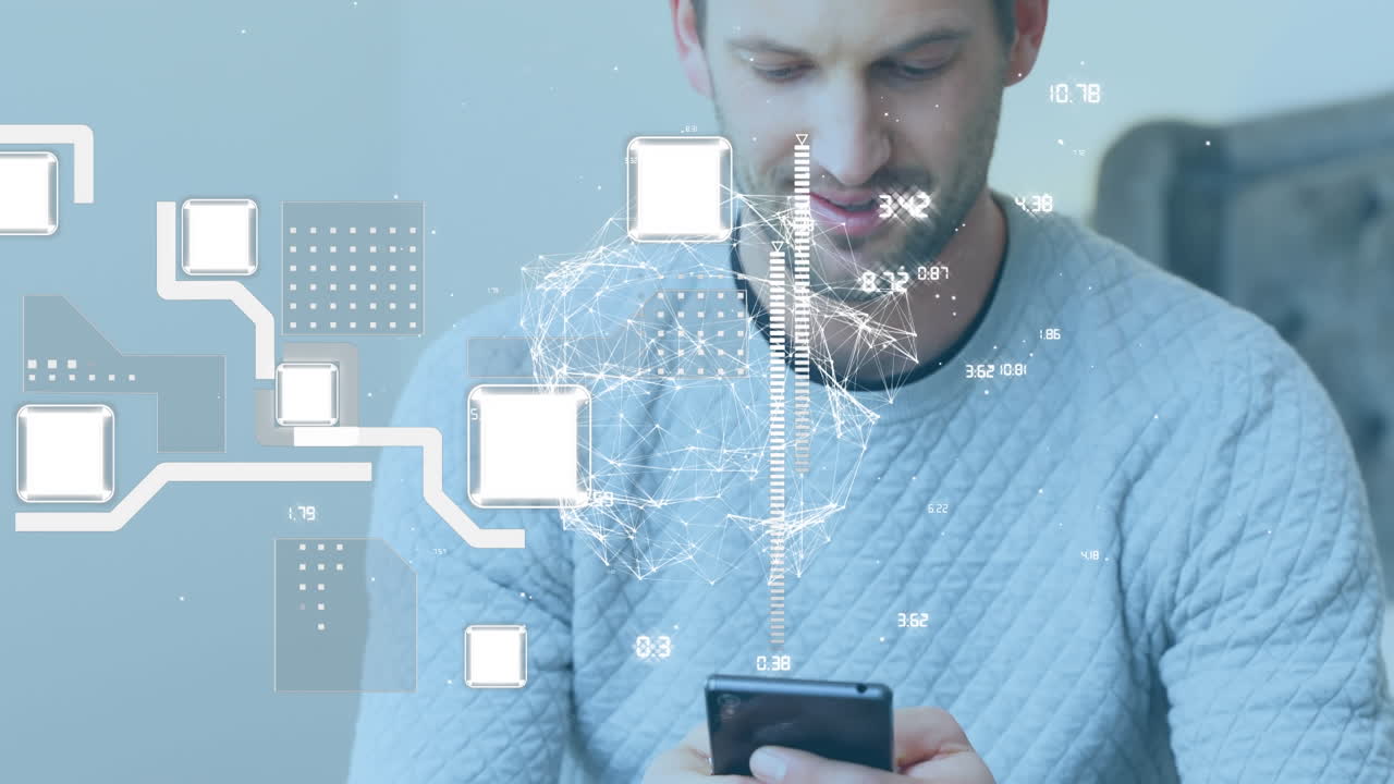 animación del globo y procesamiento de datos sobre el hombre caucásico usando un teléfono inteligente