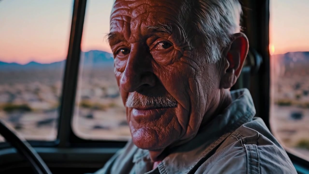 Uomo anziano che guida attraverso un paesaggio desertico al tramonto