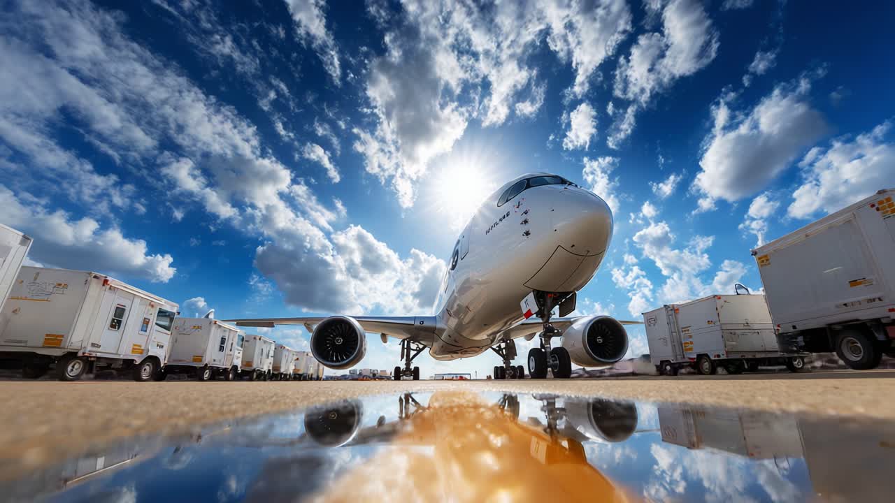 Large airplane captured on a bright sunny day with dramatic clouds, reflecting in a puddle on the tarmac. The aircraft is surrounded by transport containers and bustling airport activity