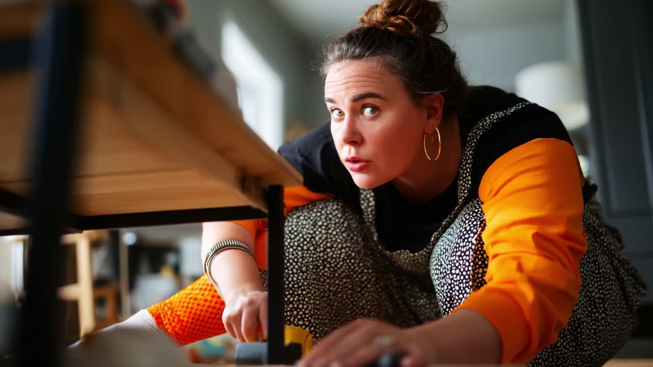 Ristrutturazione mirata della casa: una persona determinata impegnata in un progetto fai-da-te sotto un tavolo di legno, che mette in mostra creatività artigianale e attenzione ai dettagli nella propria area di lavoro