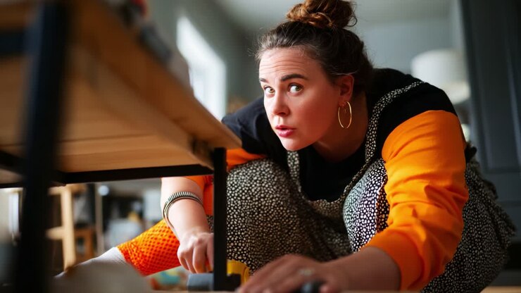 Ristrutturazione mirata della casa: una persona determinata impegnata in un progetto fai-da-te sotto un tavolo di legno, che mette in mostra creatività artigianale e attenzione ai dettagli nella propria area di lavoro