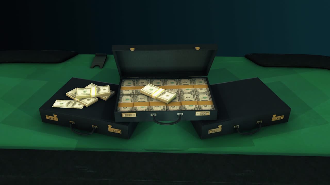 포커 테이블 에 있는 브리프케이스 에 있는 돈 의 어리