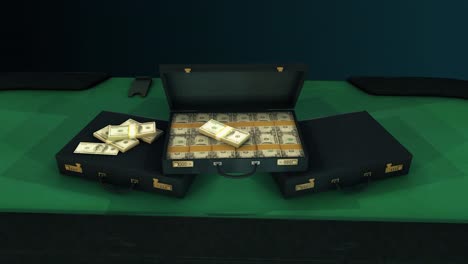 stacks of money in briefcases on a poker table