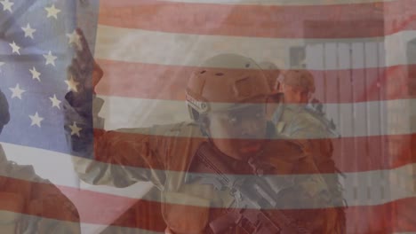 animation of flag of america over diverse soldier with gun instructing subordinate during war