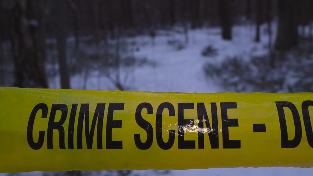 Close up orbit around a yellow colored forensic crime scene tape in a winter evening forest while white and fluffy snow is falling down in front of the tape and in between the dark trees and woods