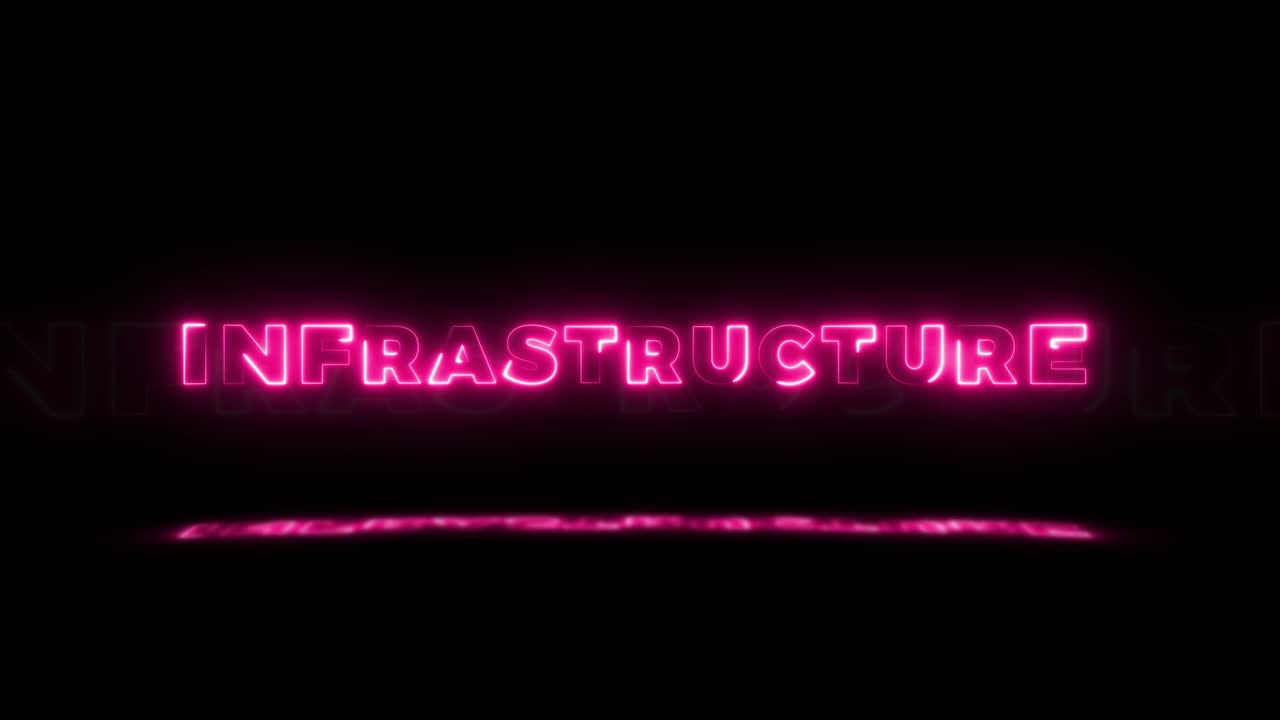 la palabra "infraestructura" brilla en neón sobre un fondo negro con reflejos en el suelo. letreros de neón brillantes en gráfico de movimiento de bucle sin costuras