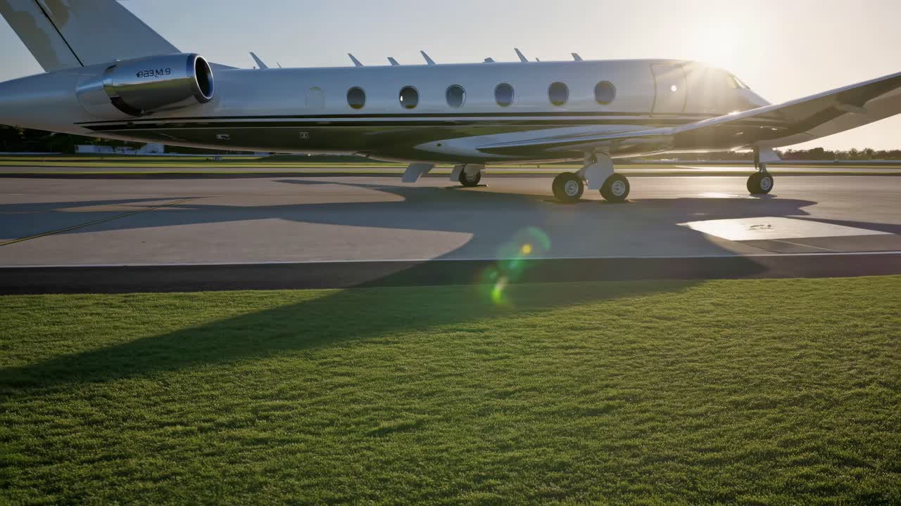 A sleek private jet on a runway at sunset, captured from a low angle