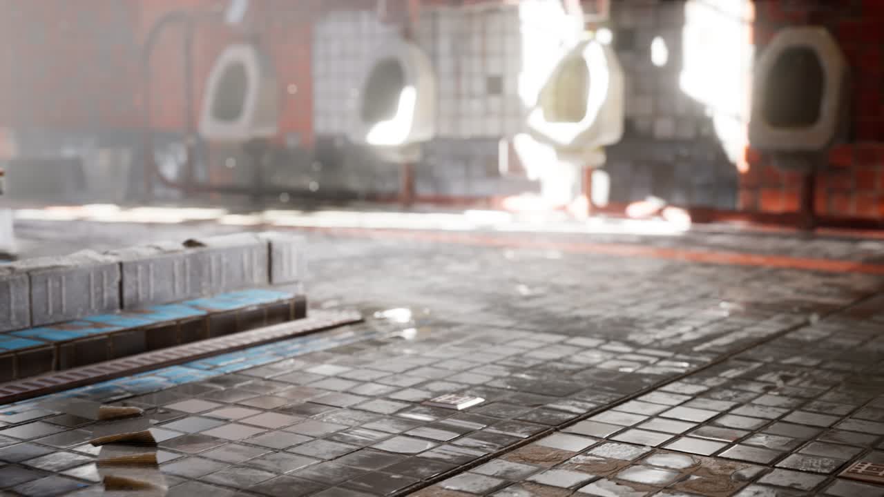 밝은 조명을 가진 버려진 오래된 공공 화장실