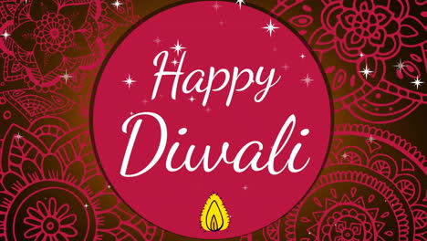 animación de estrellas cayendo sobre el texto de feliz diwali en círculo y llama contra el patrón floral