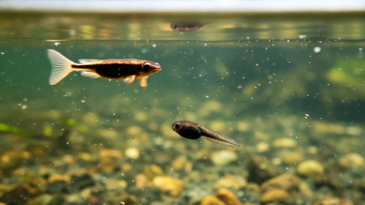 A Fascinating Underwater Scene Showcasing the Transformation of a Tadpole into a Small Fish Amidst Colorful Pebbles and Shimmering Water Bubbles