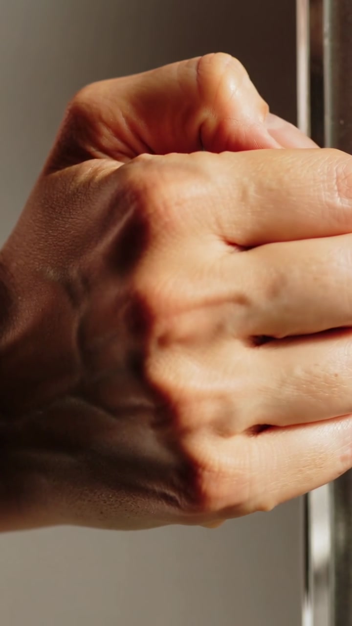 Vertical video: Reaching adult hand closing on metal rod in room, securing grip under warm light