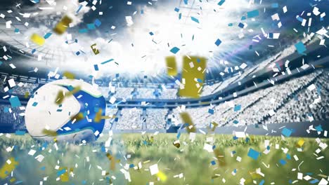 Animation-of-gold-confetti-falling-over-rugby-ball-in-sports-stadium