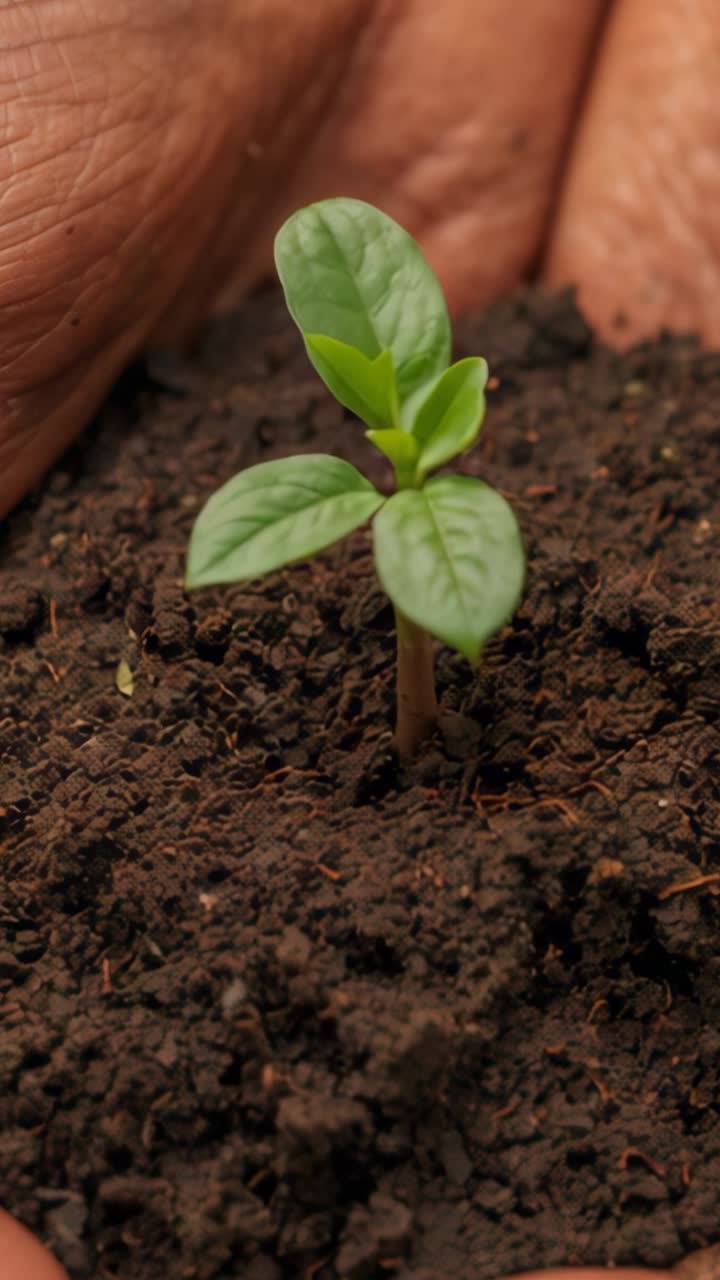 Video verticale: germoglio che spunta dal terreno, mani di un giardiniere che premono la base di un vaso di fiori, stabilizzandolo