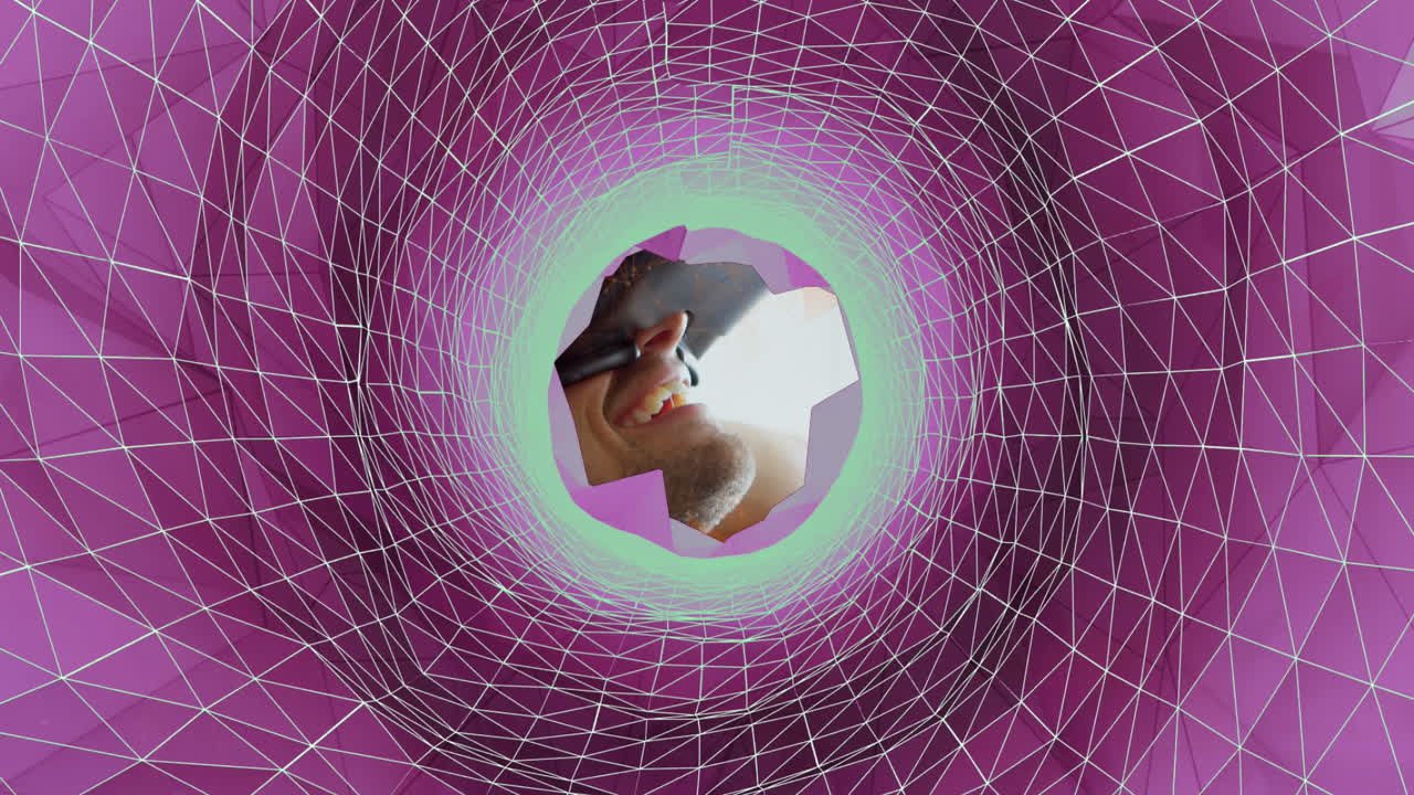túnel rosa de la red de conexiones contra el hombre usando auriculares vr