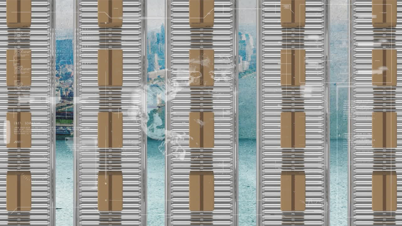 анимация обработки статистики над картонными коробками на конвейерных лентах