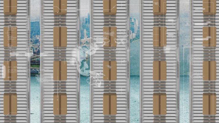 Animation of statistics processing over cardboard boxes on conveyor belts